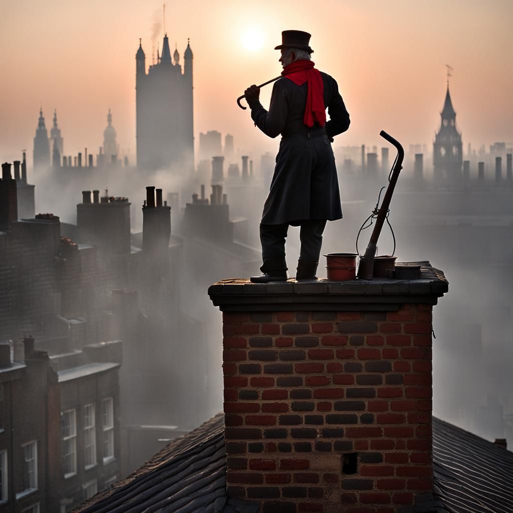 Chimney Sweep in Dreamy London Sunrise