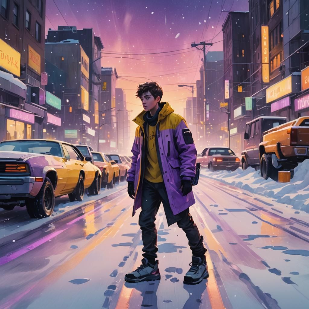 Boy on Snowy Road with Futuristic Cars