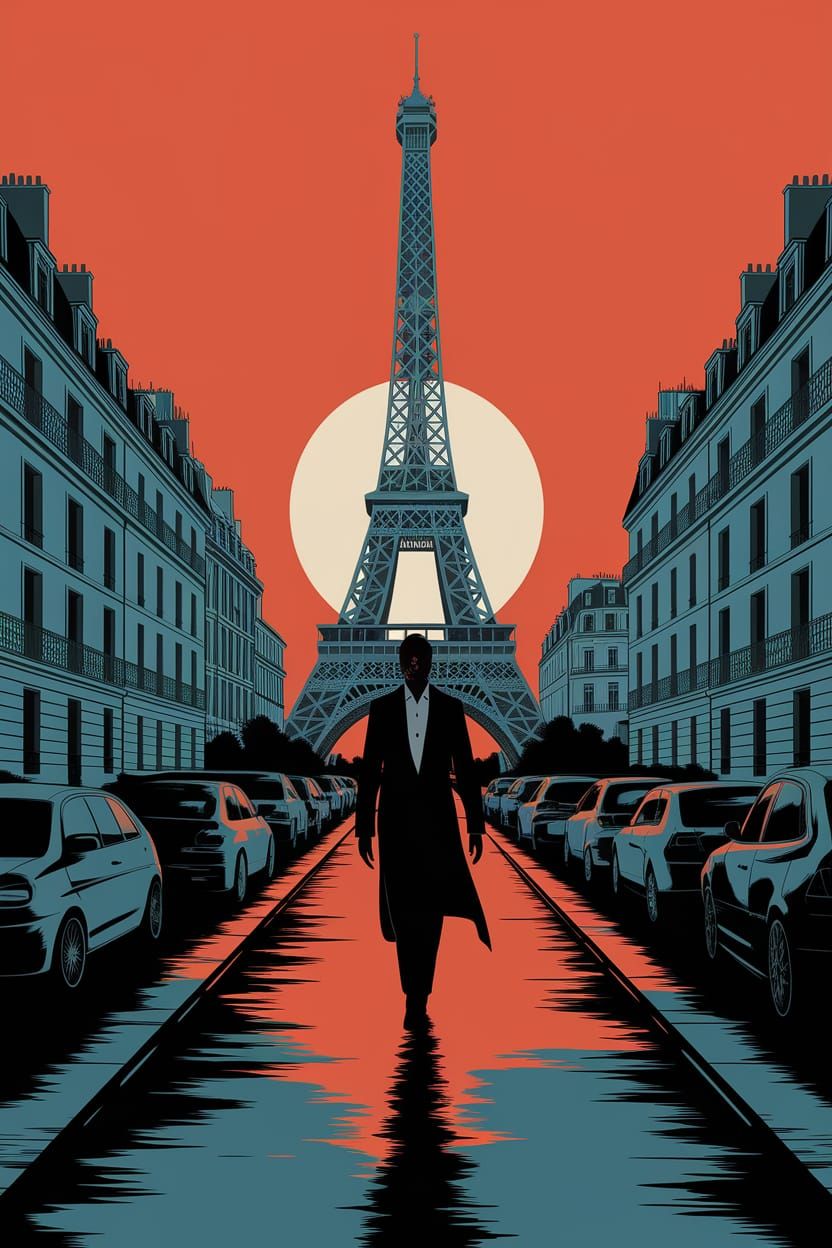 Afrofuturist Paris Scene with Orange Hues