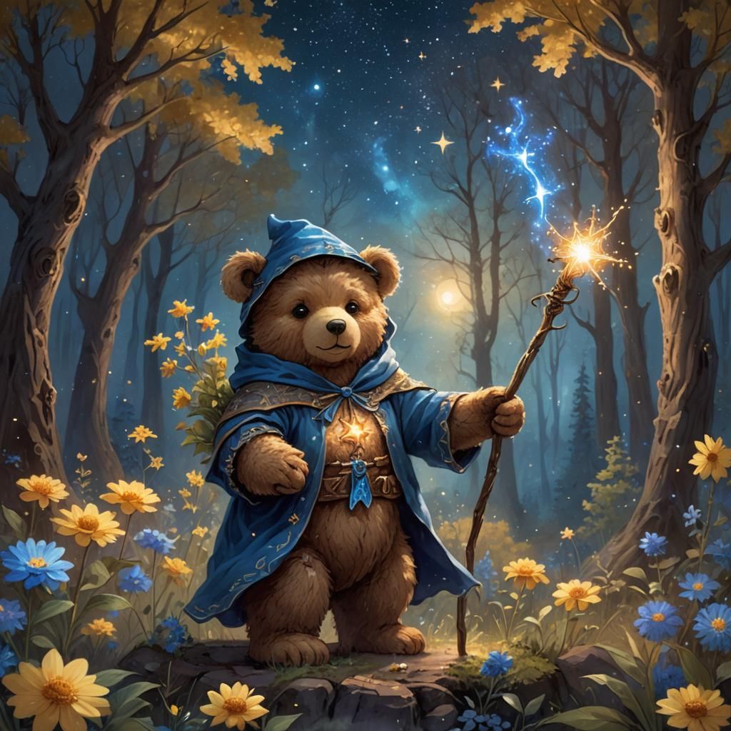 Small Brown teddy bear sorcerer, wearing blue, trees, flowers, stars