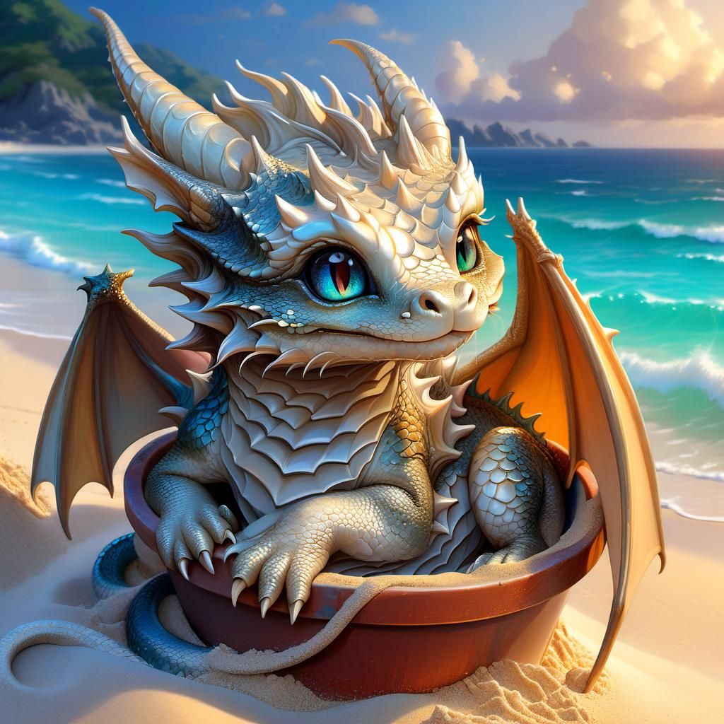 Mythical Dragon Portrait on Fantasy Beach in Anime Style