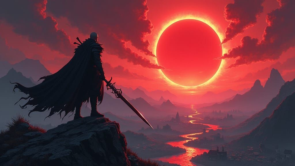 Guts Gazing at Blood-Red Eclipse in Holographic Illustration