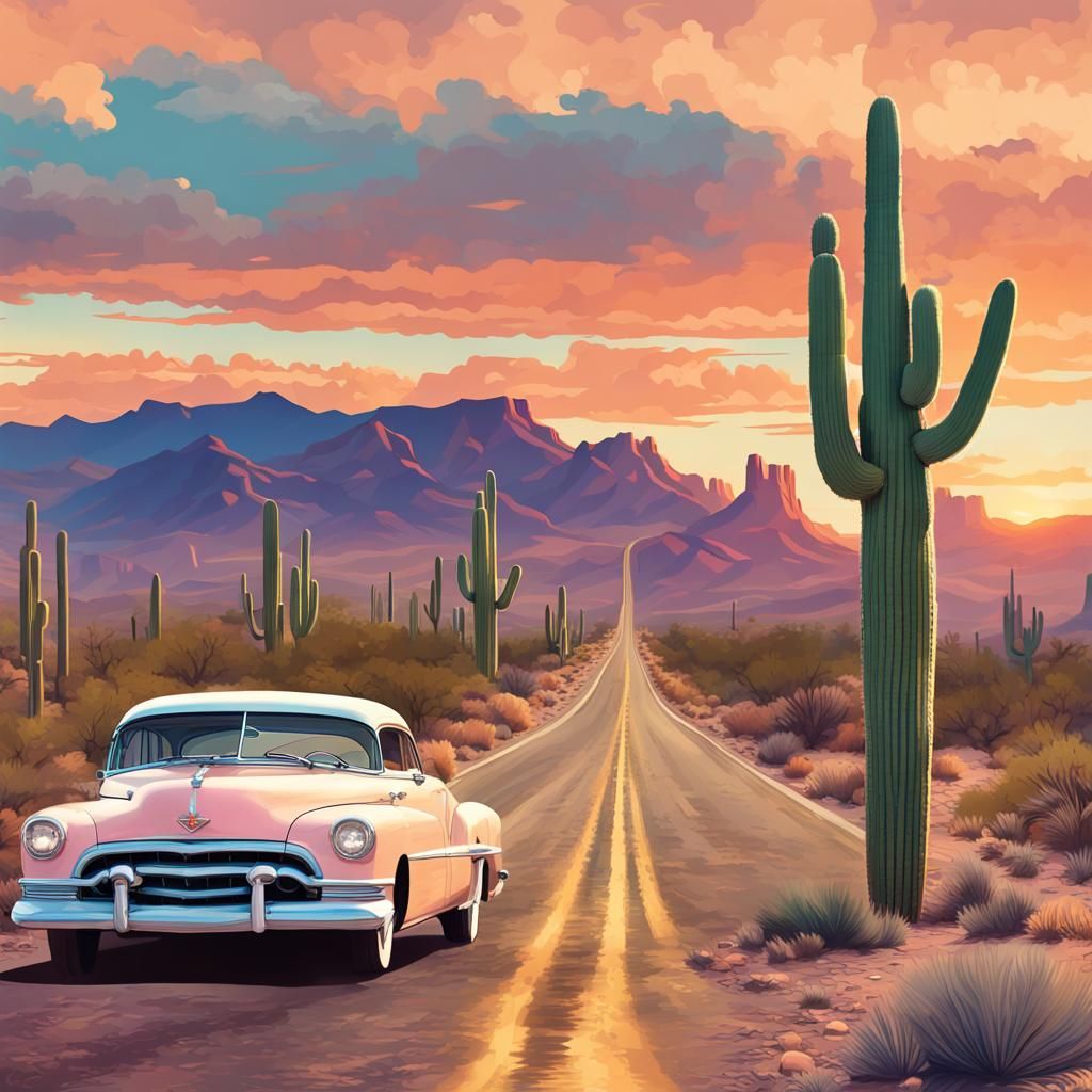 route 66 travel poster in pastels along the desert highway, ...