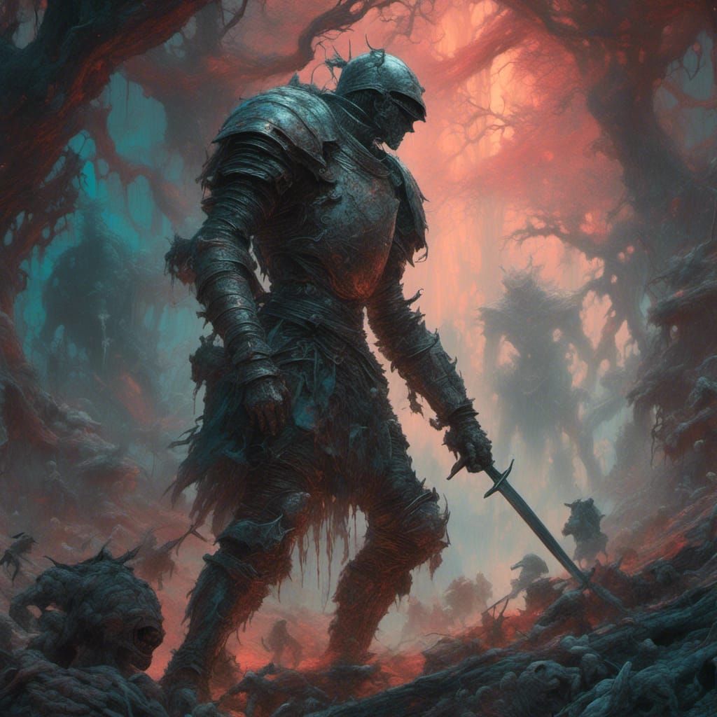 Knight Battles Giant in Eerie Forest