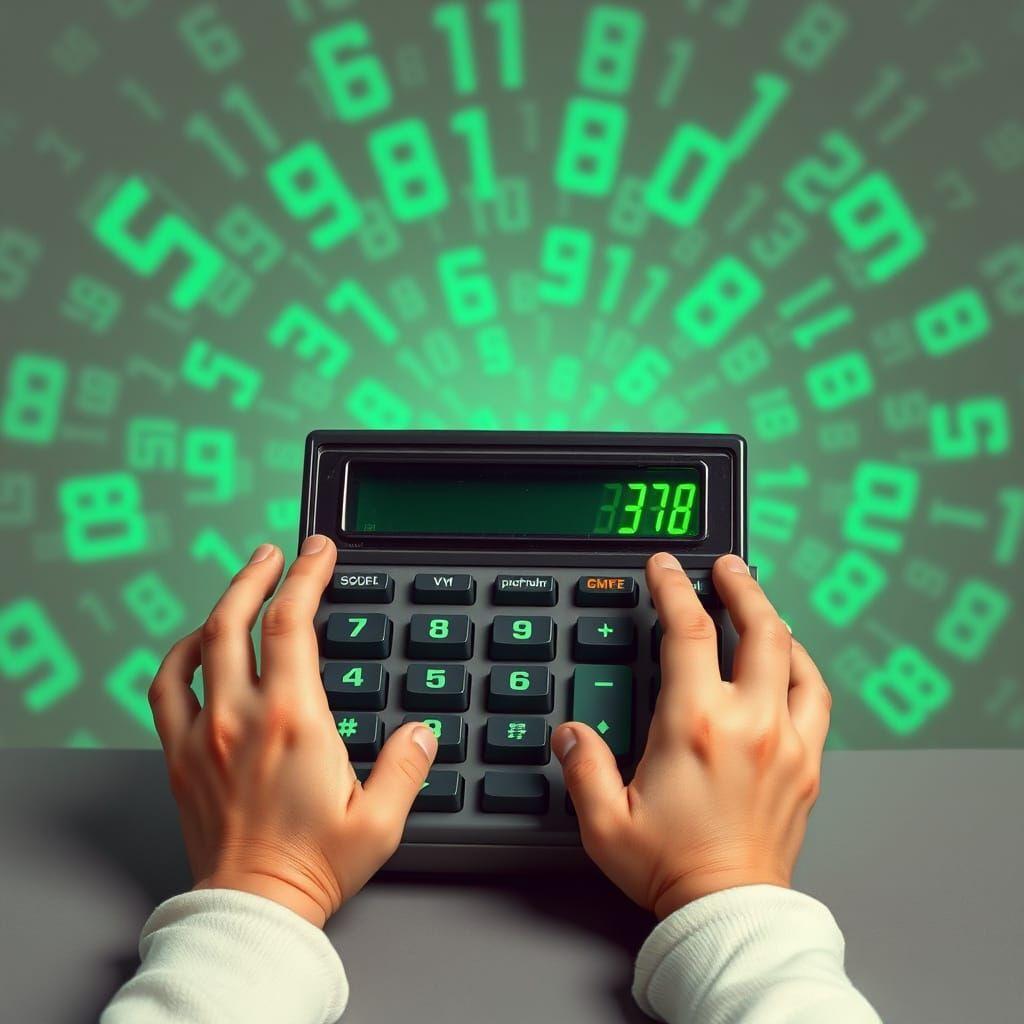 Whimsical Hands Hold Vintage Calculator Amidst Retro-Futuris...