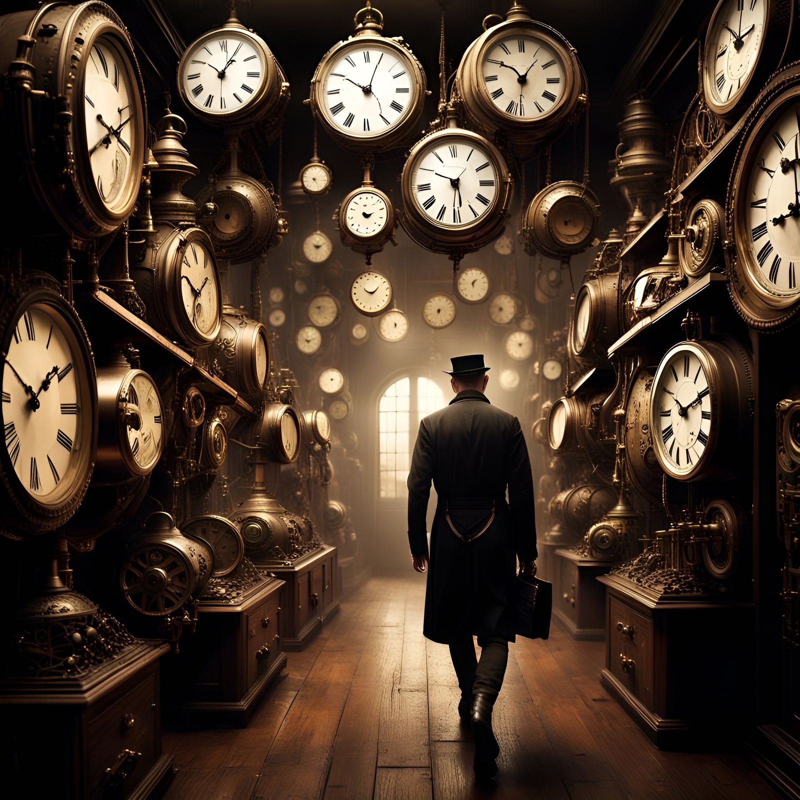 Steampunk Man in Clock Room with Mystic Symbolism