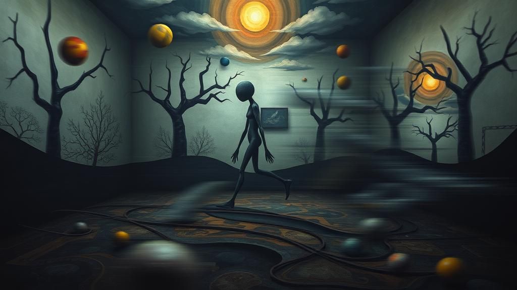 Surreal Sleepwalker in Dreamlike Nightmare Landscape