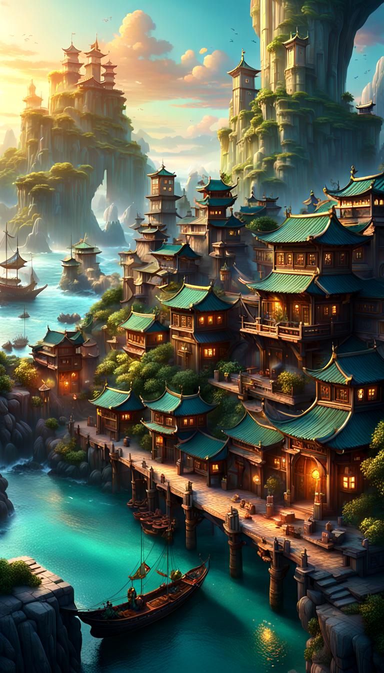 Seaside Village at Sunrise: Fantasy Concept Art