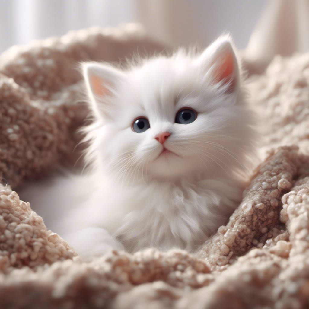 Fluffy White Kitten Lying on a Blanket