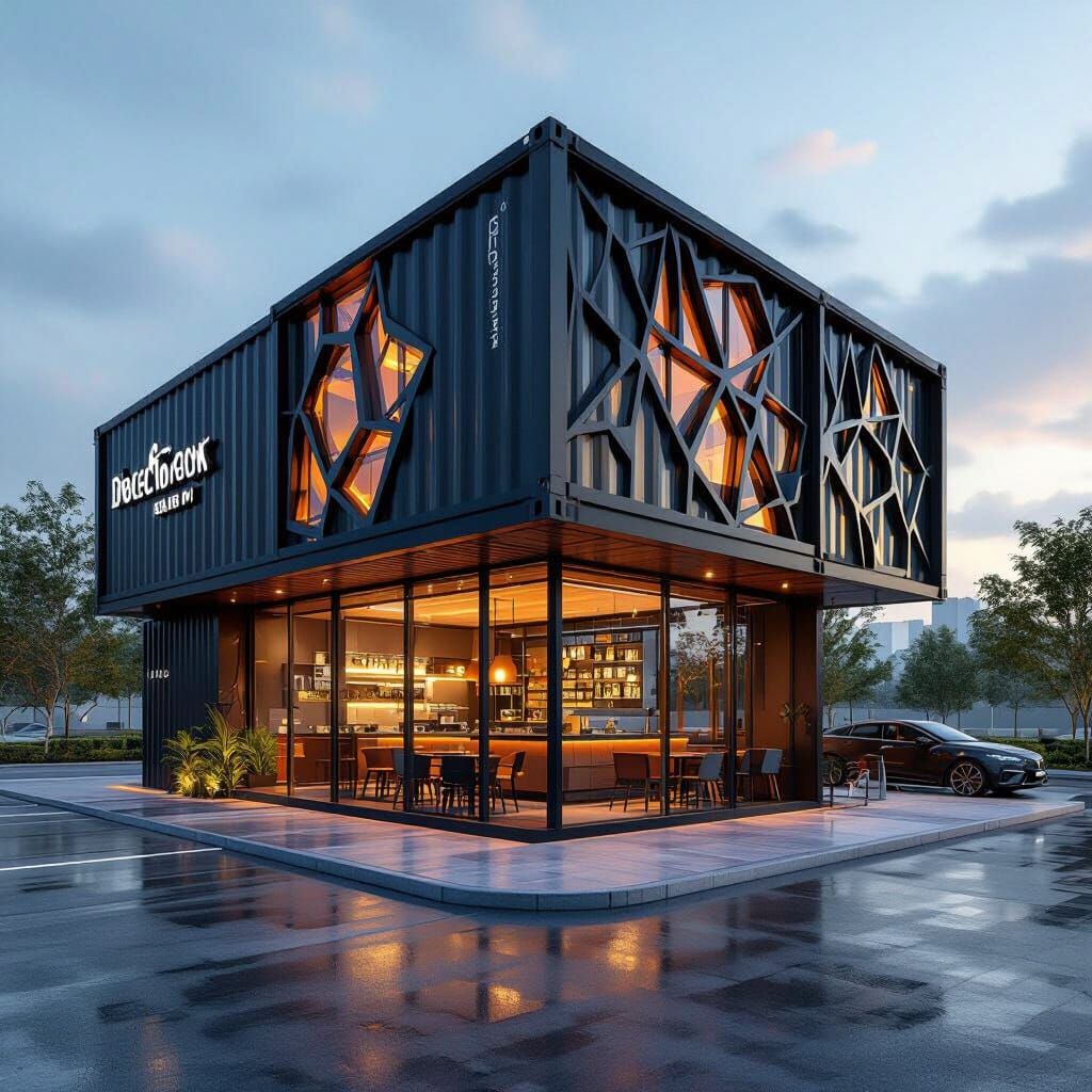 Futuristic Shipping Container Restaurant in Deconstructivist...