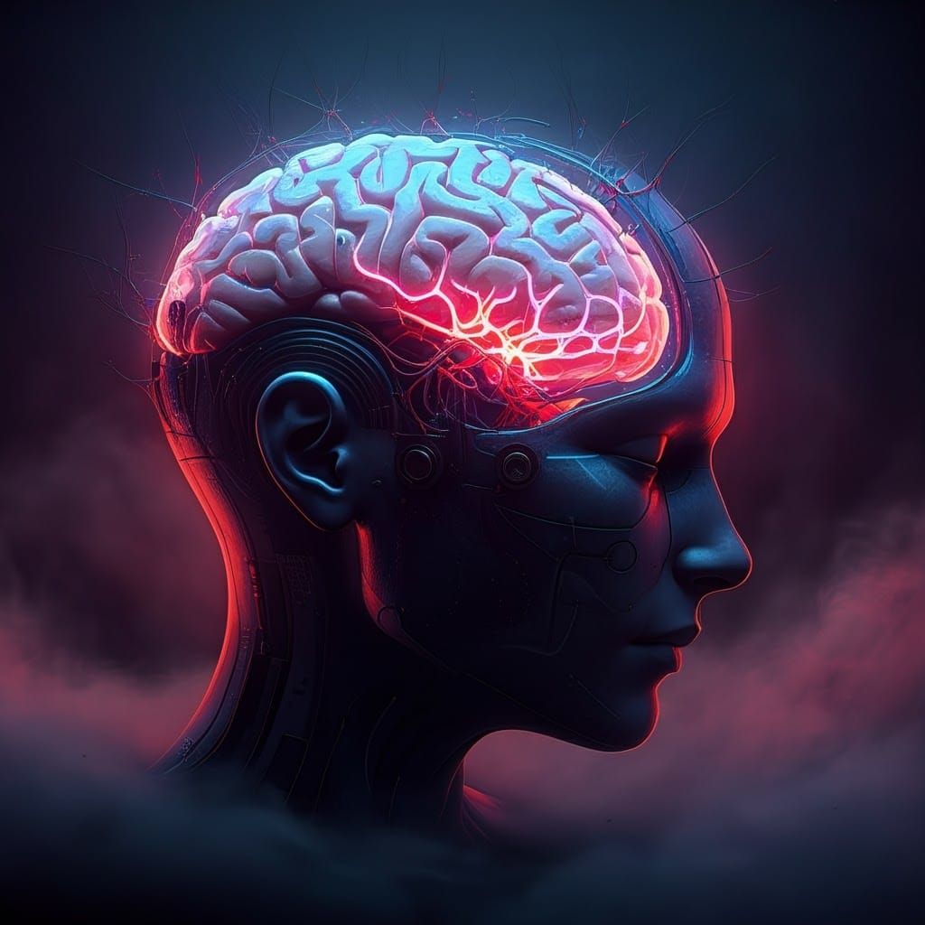 Cybernetic Brain with Glowing Neural Pathways