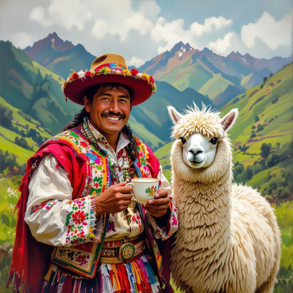 Peruvian Man in Costume Drinks Alpaca Milk in Mountains