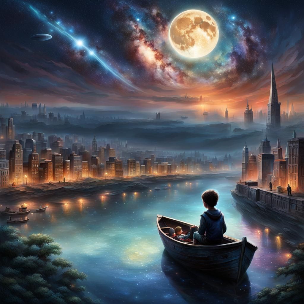 Boy and Alien Embrace Under Milky Way