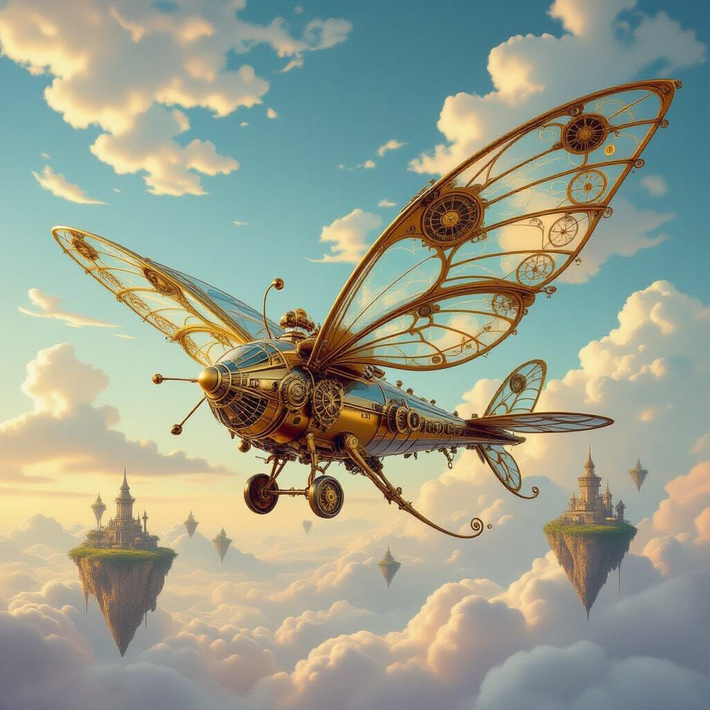 Steampunk Ornithopter Soaring Through Dreamlike Skies