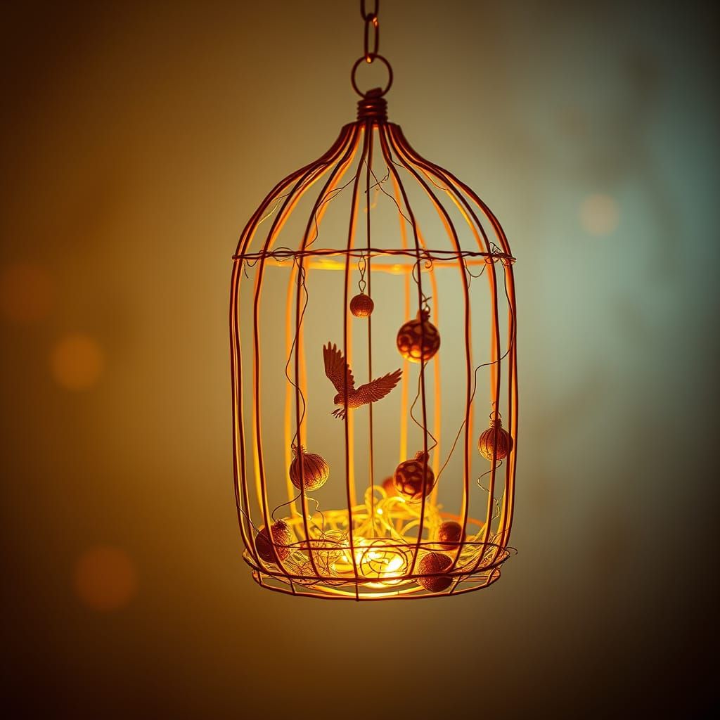 Ornate Copper Birdcage in Digital Matte Painting Style