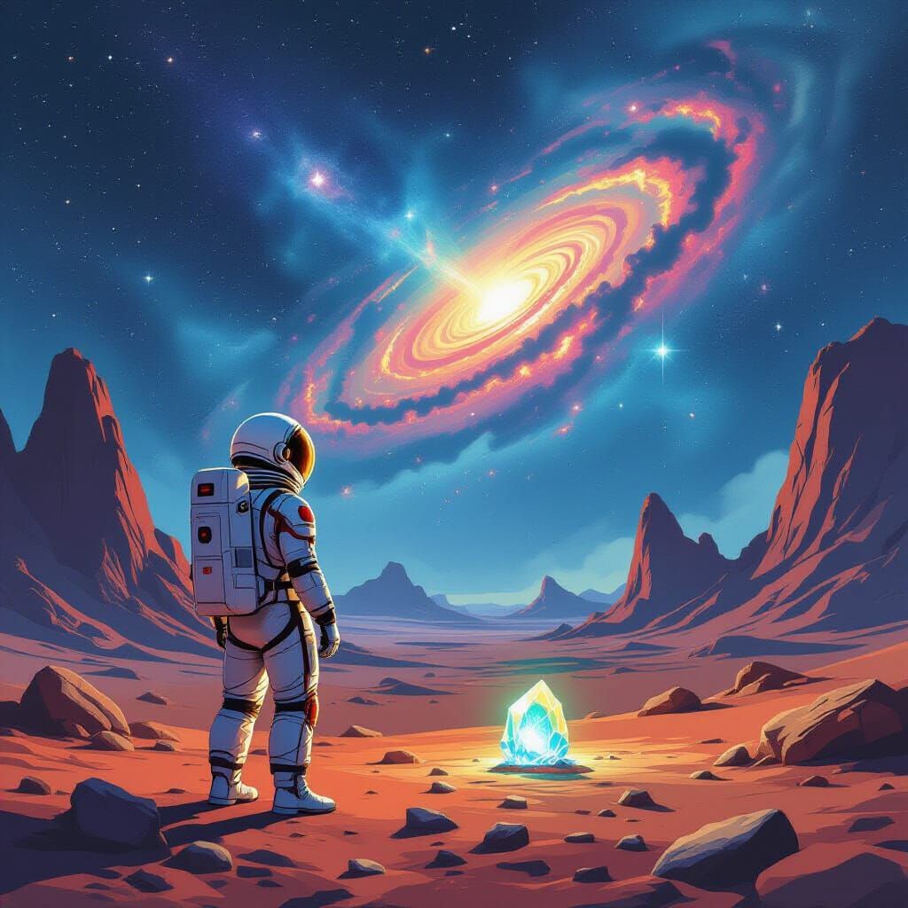Astronaut Gazes at Nebula on Alien Planet, Retro Sci-Fi Art