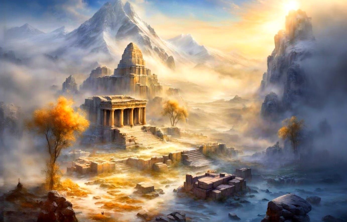 Ancient Assyrian Temple Ruins in Misty Dawn Watercolour