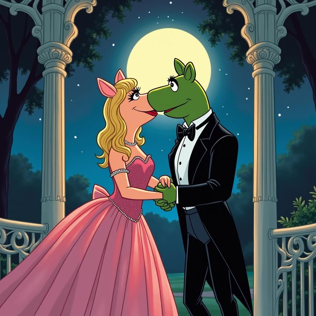 Romantic Muppets Kiss in Moonlit Gazebo