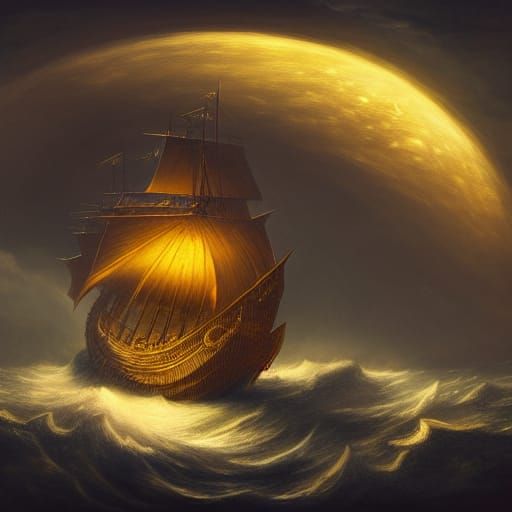 Golden Ship at Sea: Renaissance Brushstroke Art