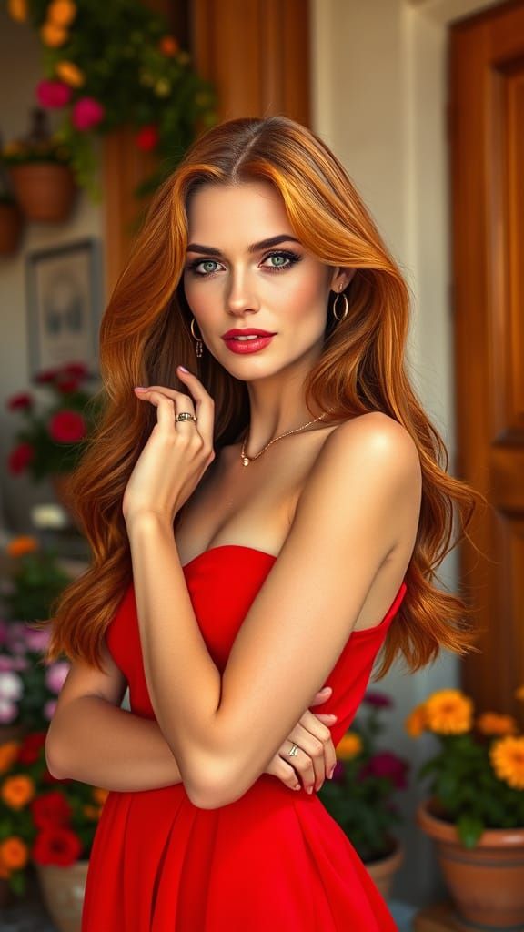 Elegant Italian Woman in Vibrant Village