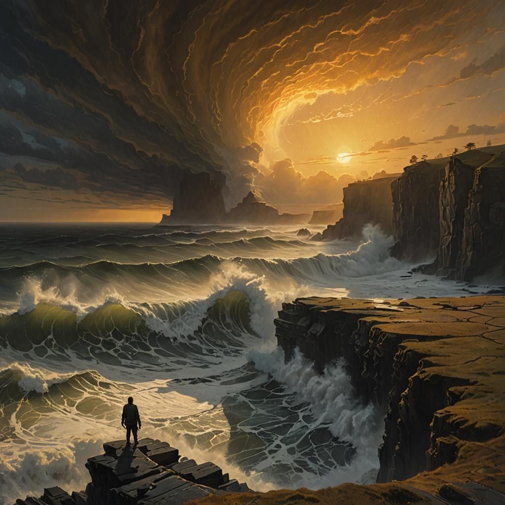 Cliffside Figure Amidst Stormy Seas, in Surreal Style