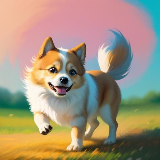 Whimsical Dog Playing in Sunlight, Digital Illustration