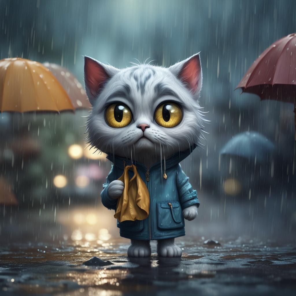 Sad Cat in Rain: Detailed Matte Painting