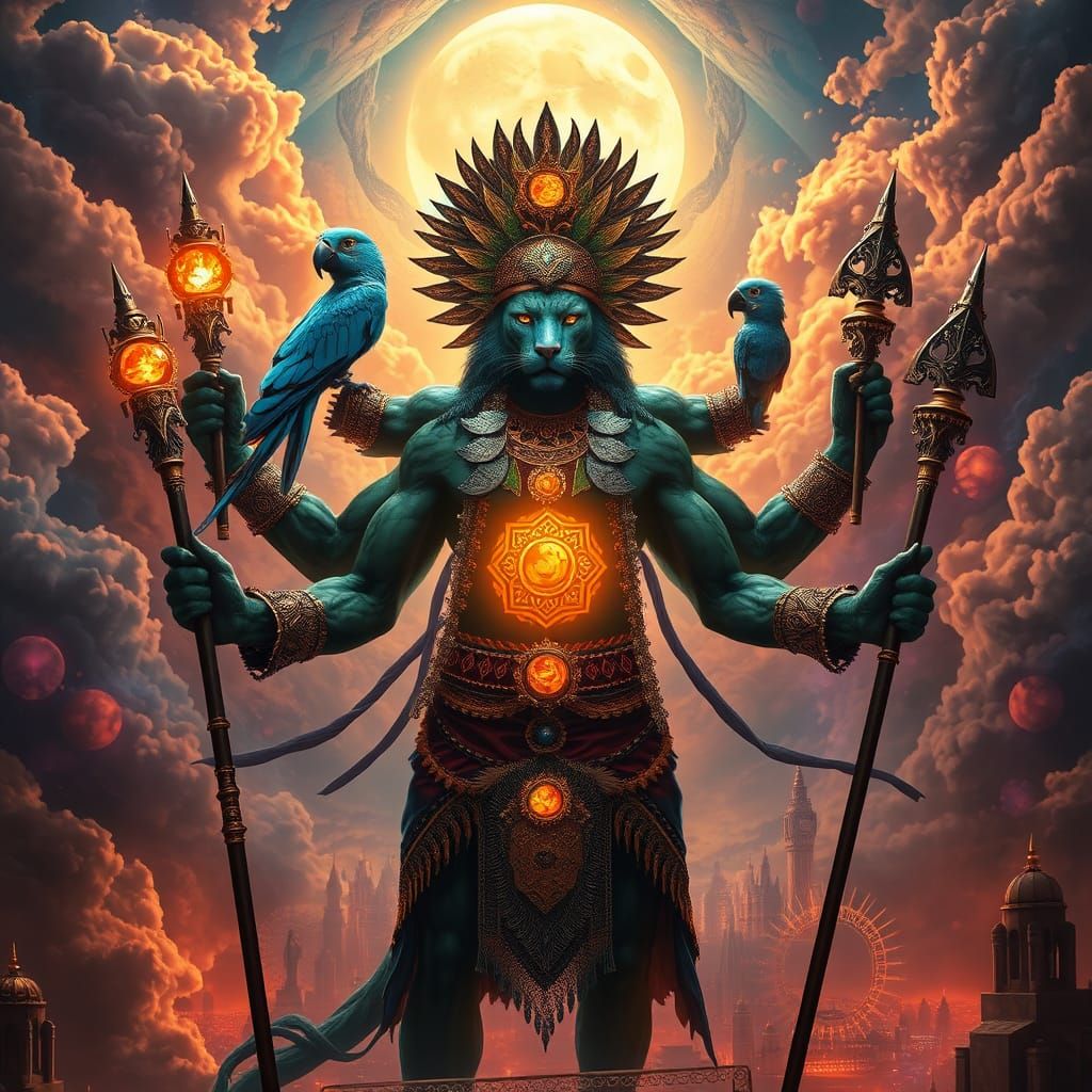 Leopard Shaman with Parrot in Dreamlike Cityscape