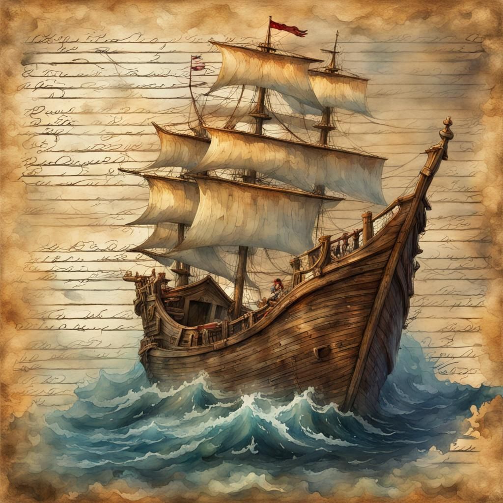 Pirate Ship on Journal Page in Watercolor Style