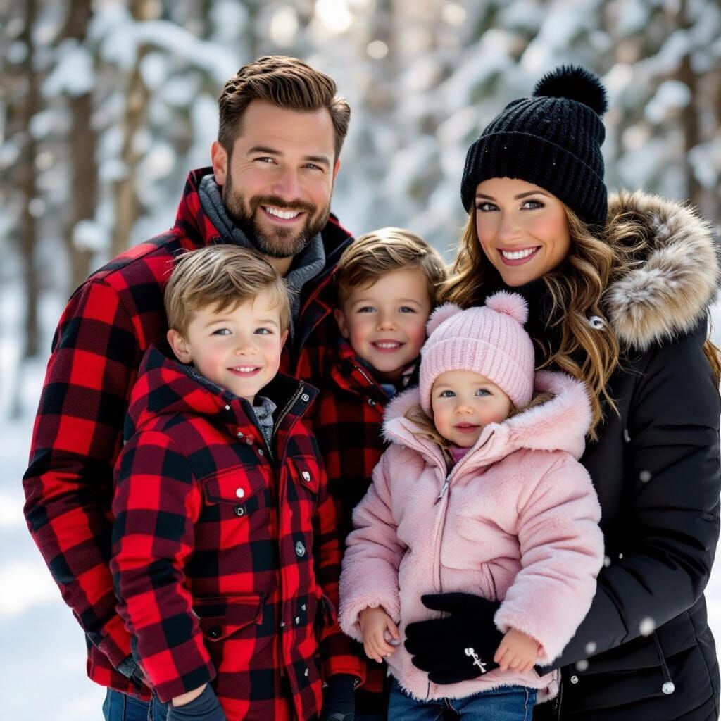 Cozy Winter Family Portrait in Snowy Forest