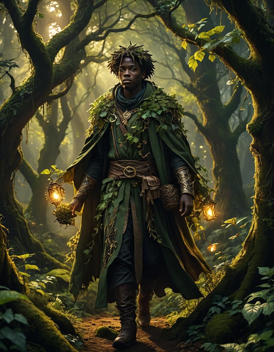 Plant Mage in Majestic Forest, Dark Fantasy Art