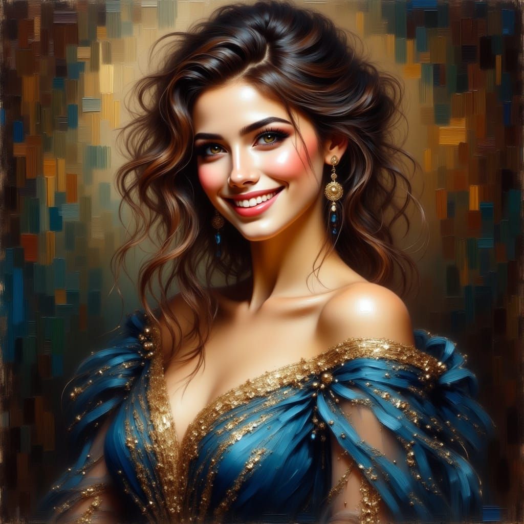 Elegant Young Woman in Blue and Gold Evening Dress