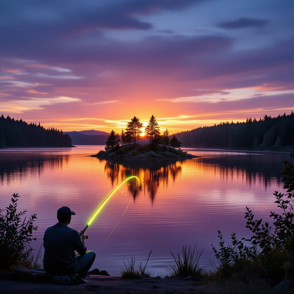 Serene Lake Island Sunset with Fisherman