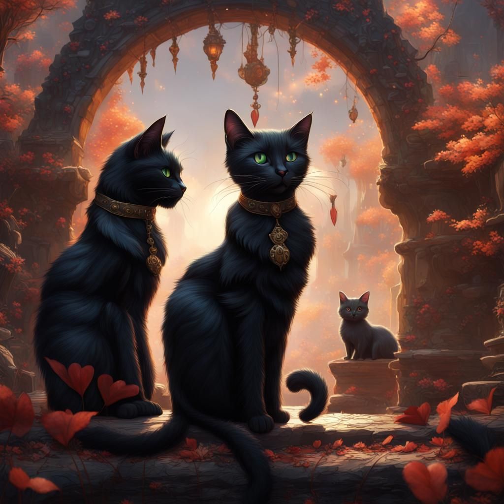 Two Black Cats in a Fantastical Digital Painting