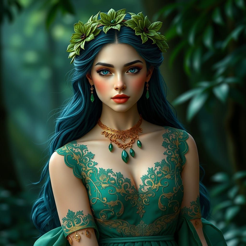 Ethereal Fantasy Maiden in Emerald Gown and Verdant Crown