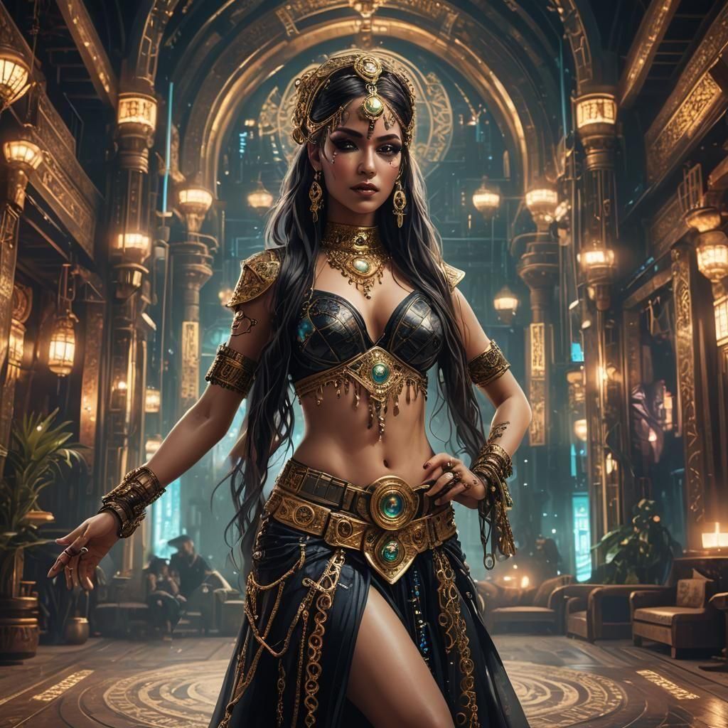 Cyberpunk Belly Dancer in Luxurious Setting