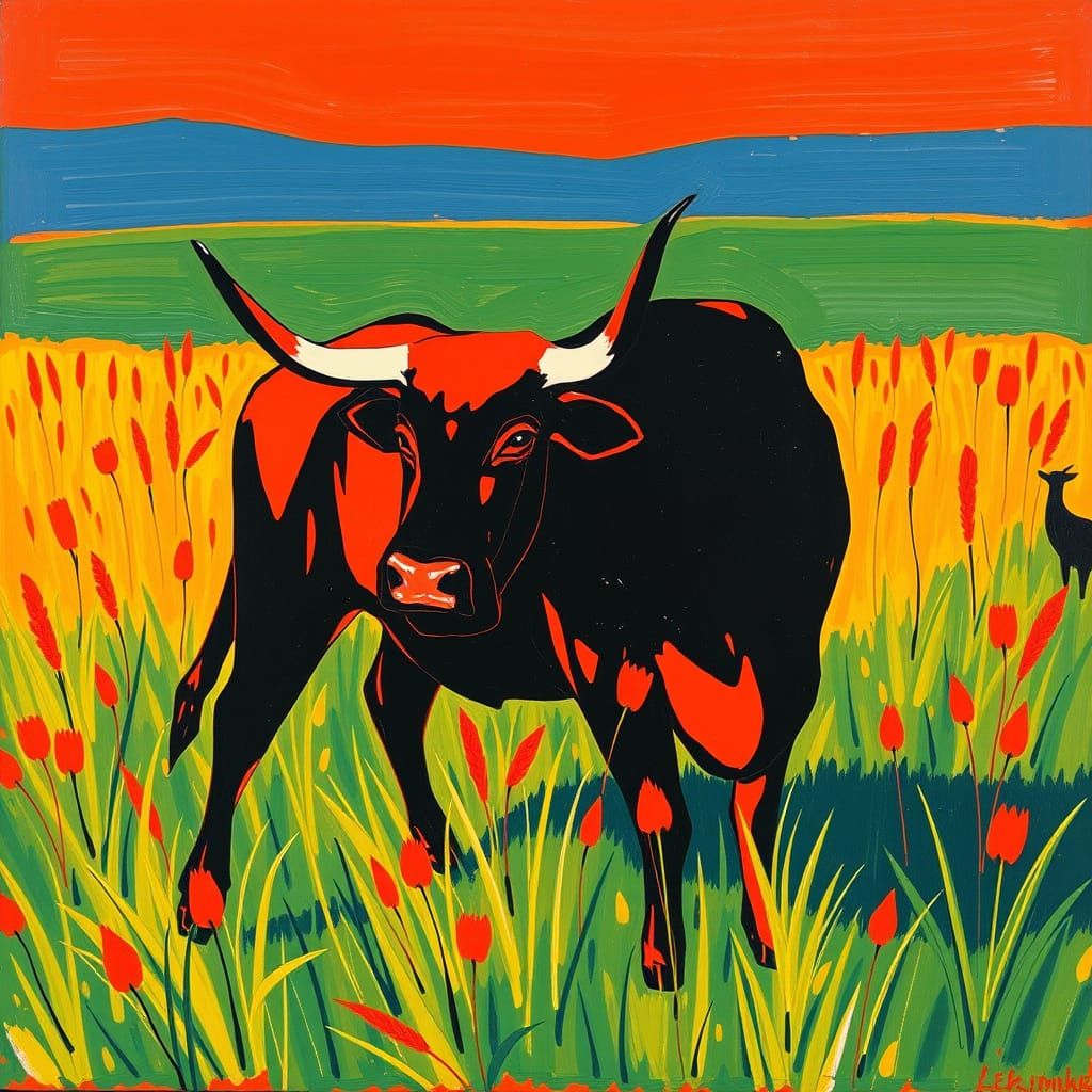 Fiery Red Bull in Prairie, Expressionist Style