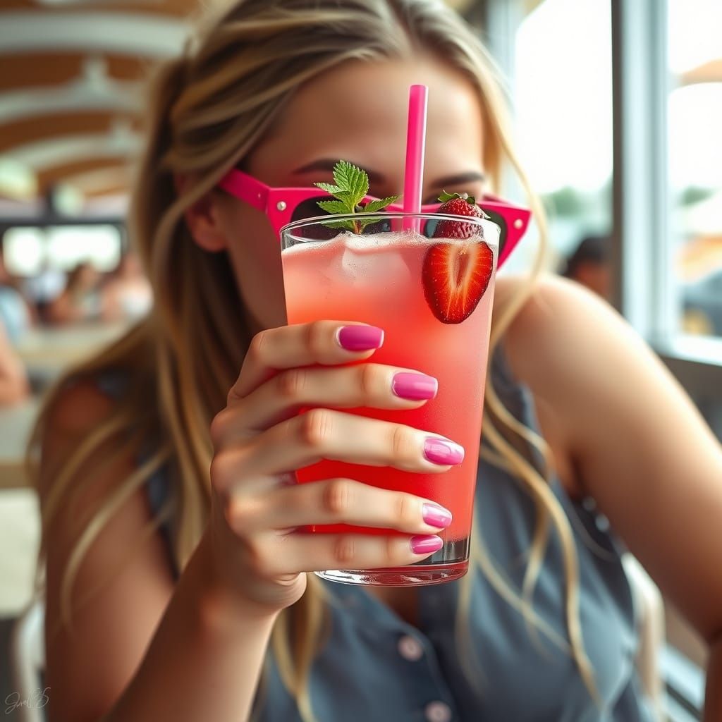 Young Woman Sips Strawberry Bubble Tea in Summer Afternoon S...
