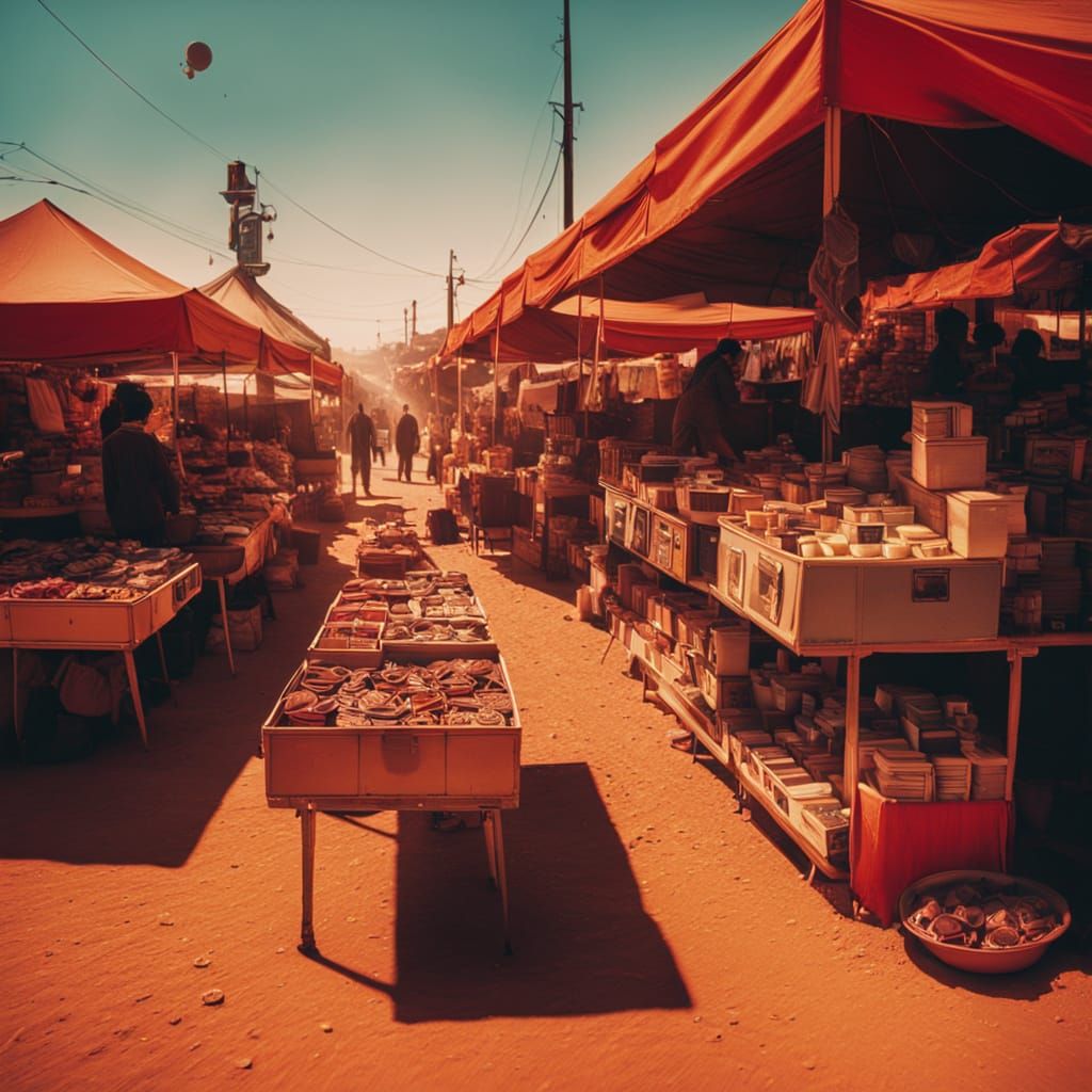 Cinematic Martian Flea Market at Golden Hour