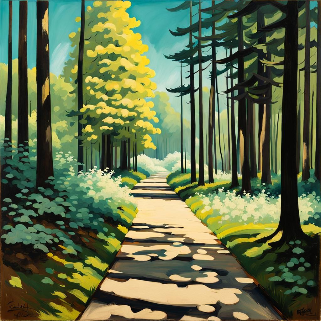 Sunny Forest Path in Vapor Oil Mixed Media Style