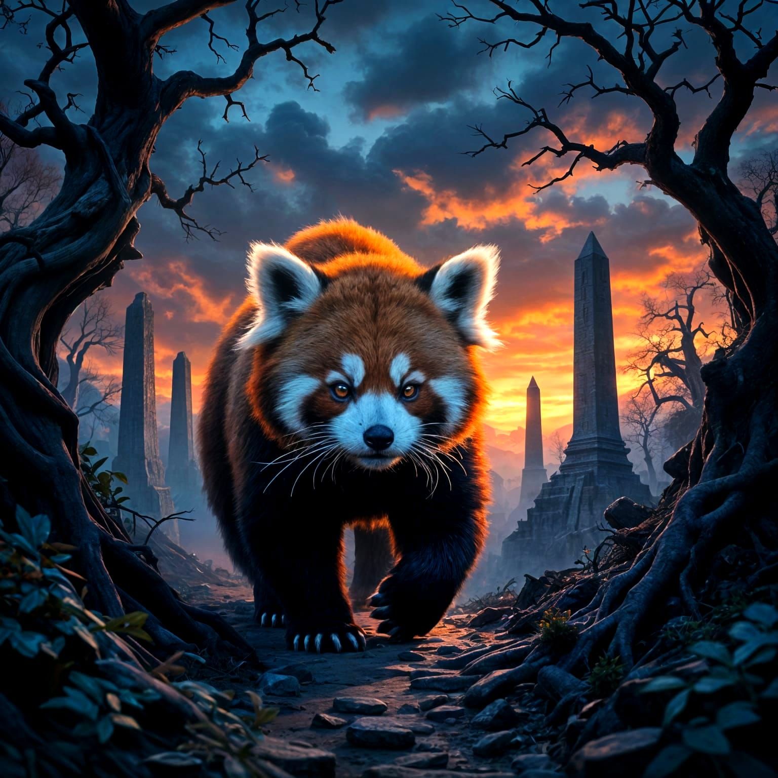 Epic Realistic Alien Red-Panda in Eerie Medieval Forest