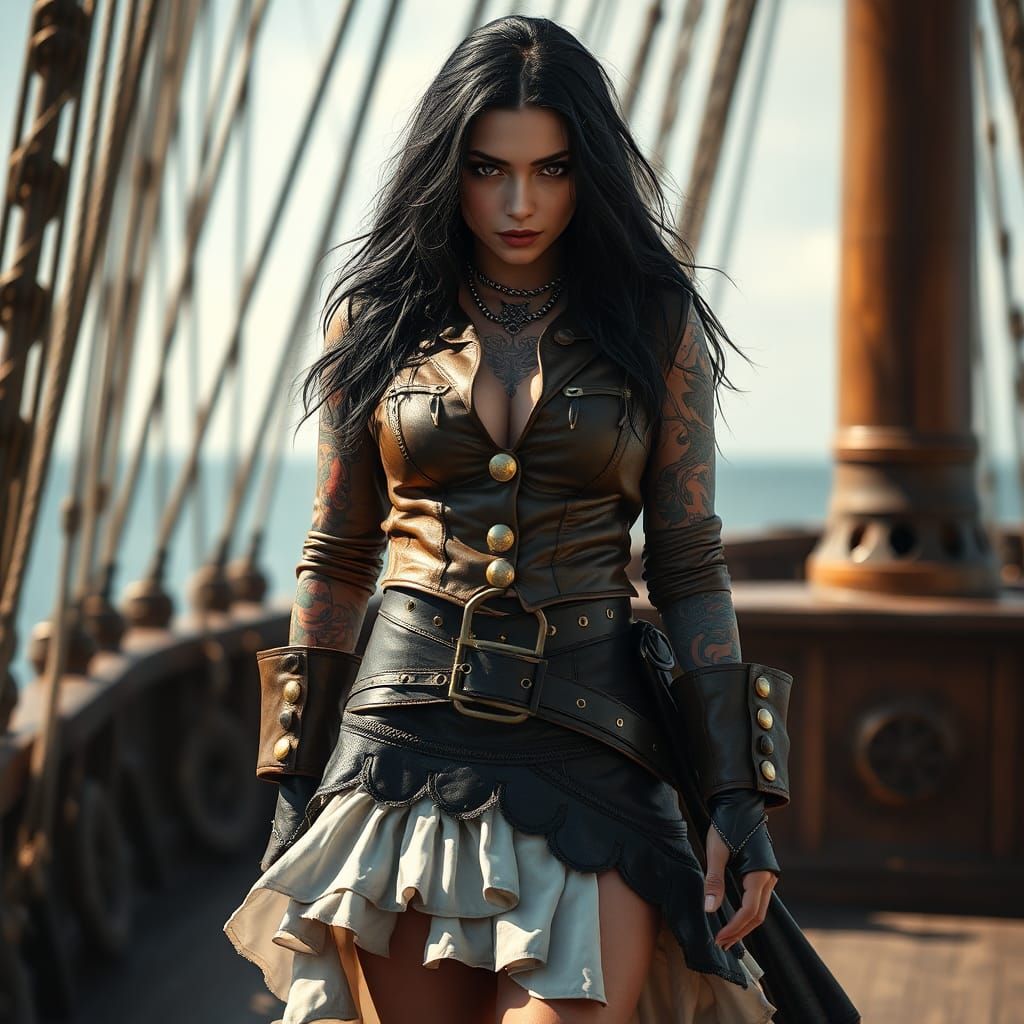 Female Pirate Captain with Tattoos in Hyperrealistic Style