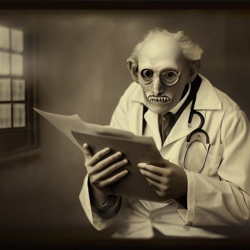 Creepy Mad Doctor Checks Files: Digital Art
