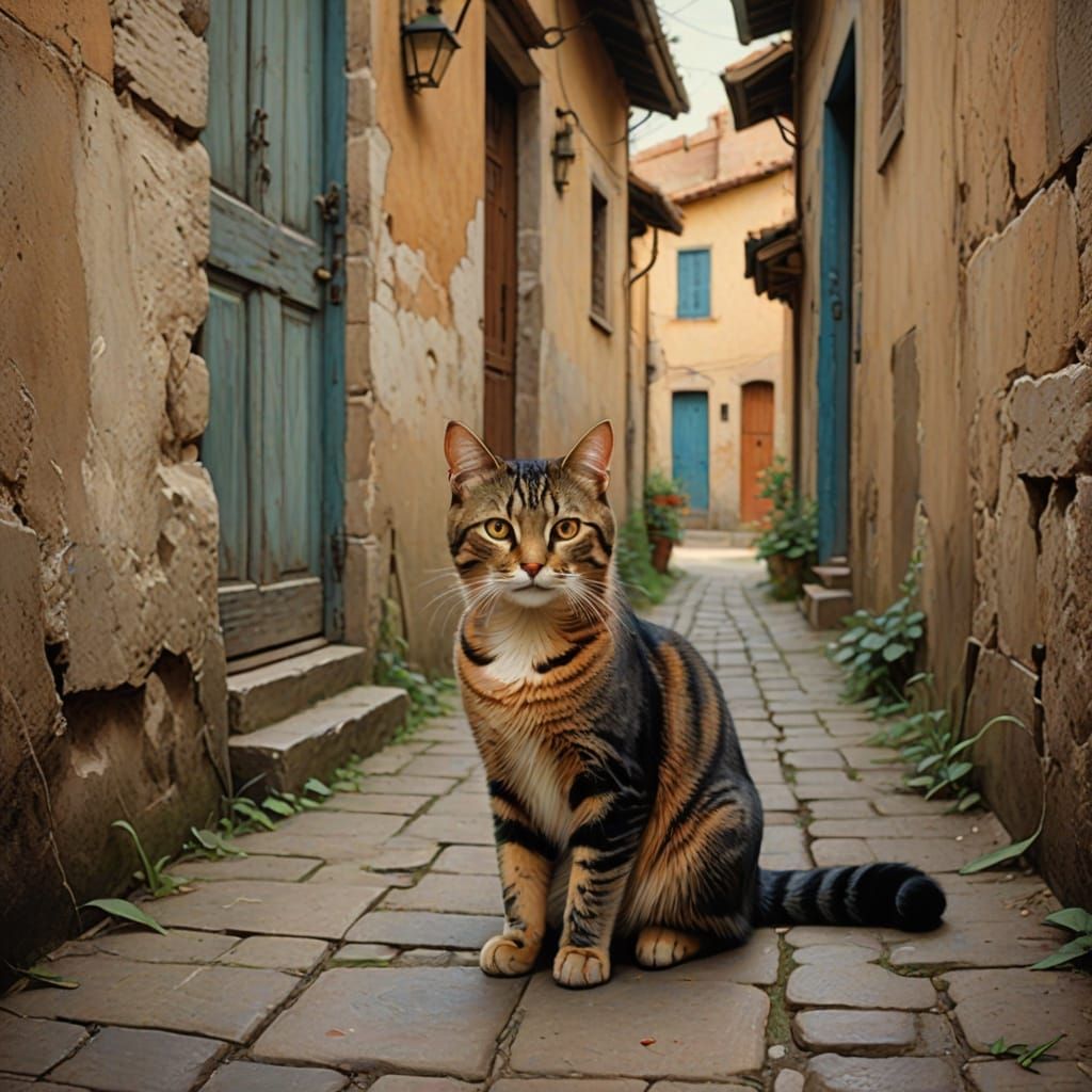 Stray Cat's Serene Alley Nap in Oil Painting Style