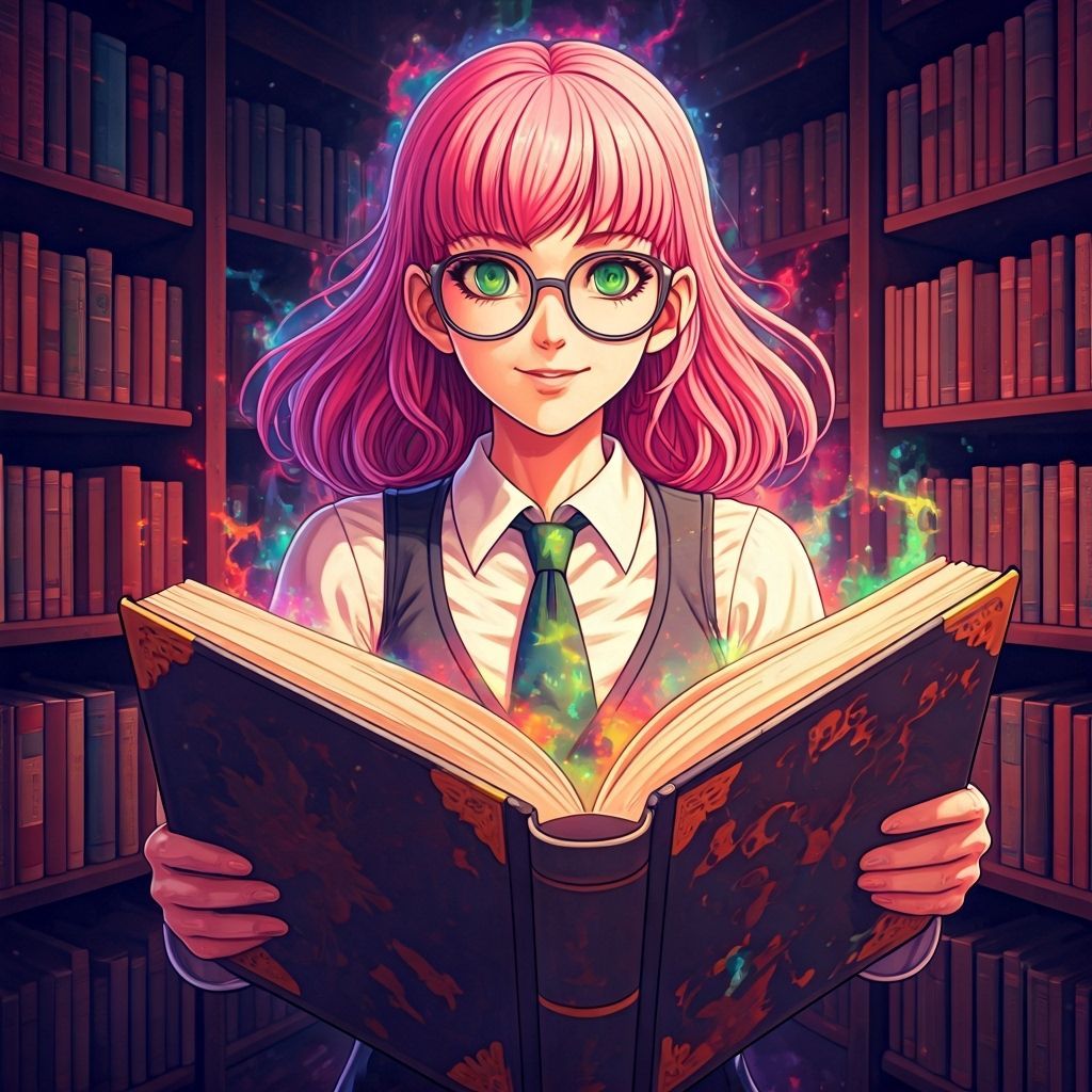 Confident Librarian with Rainbow Nebula Book in Magical Libr...