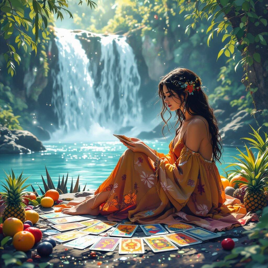 Dreamy Tarot Scene by Waterfall