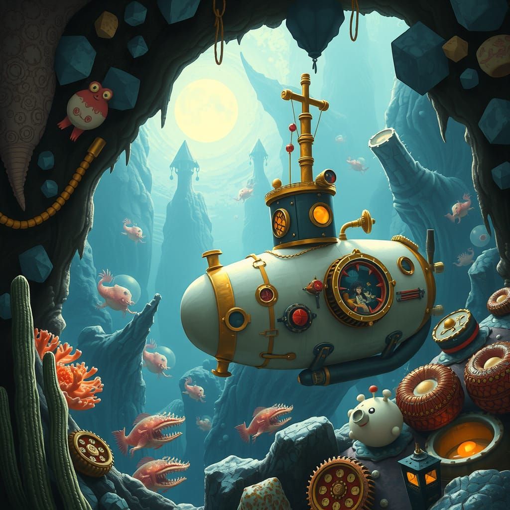 Steampunk Nautilus Submarine Explores Glowing Coral Grotto