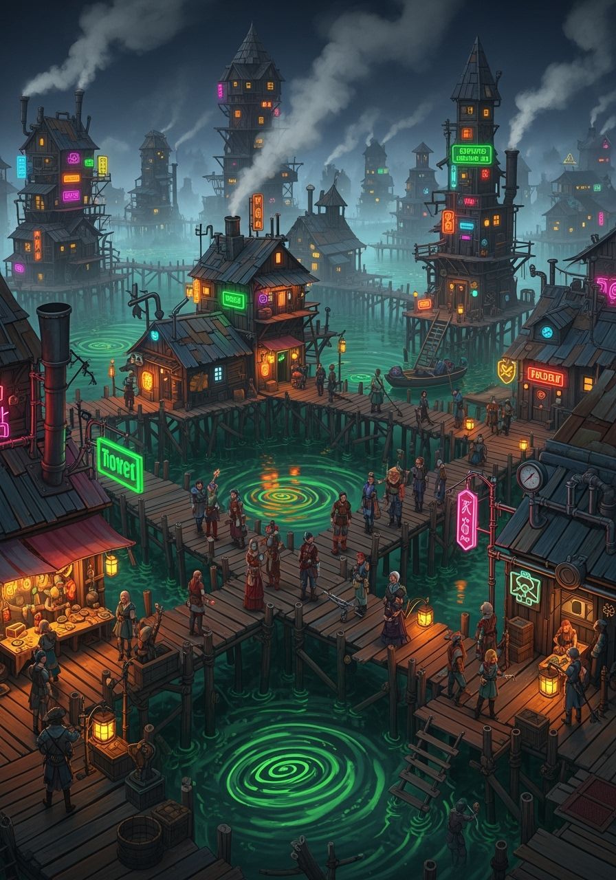 Fantasy Shantytown Slum Village with Neon Lights