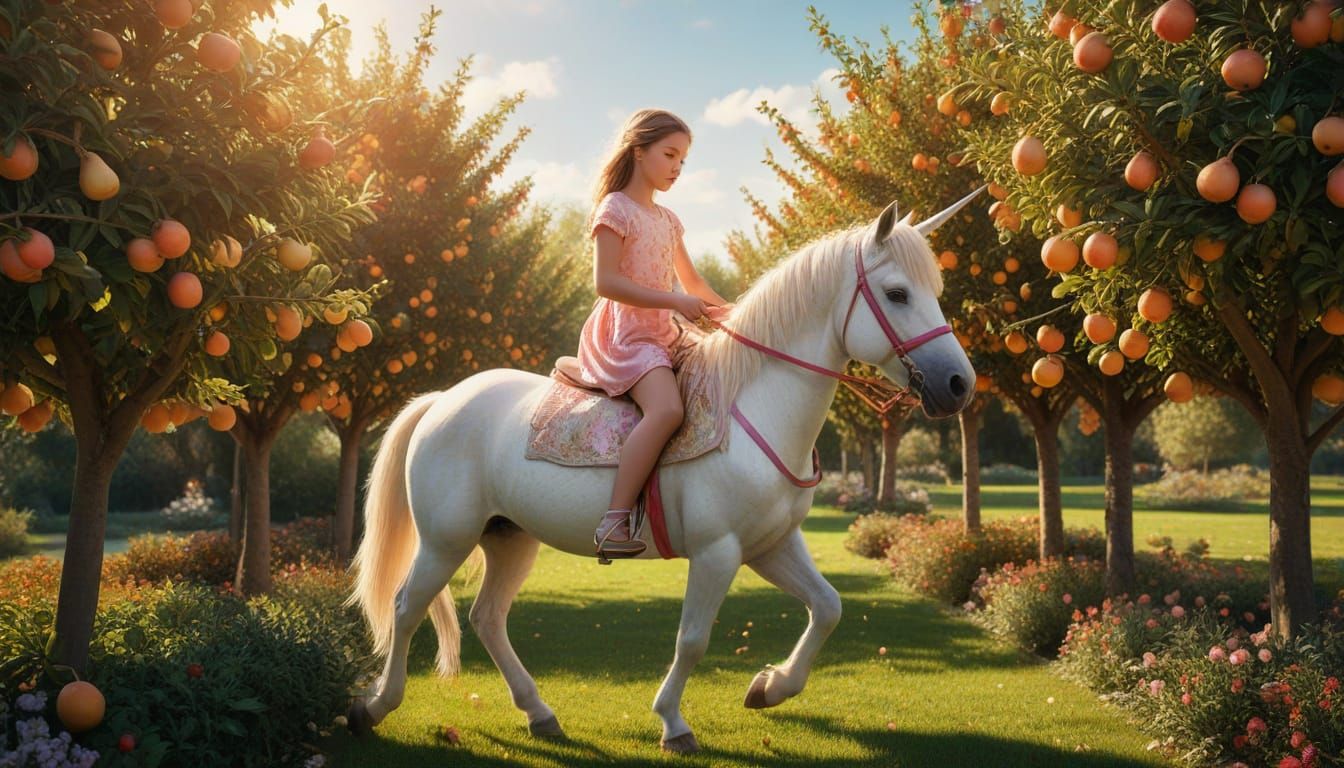 Girl Rides Unicorn Through Fruit Garden