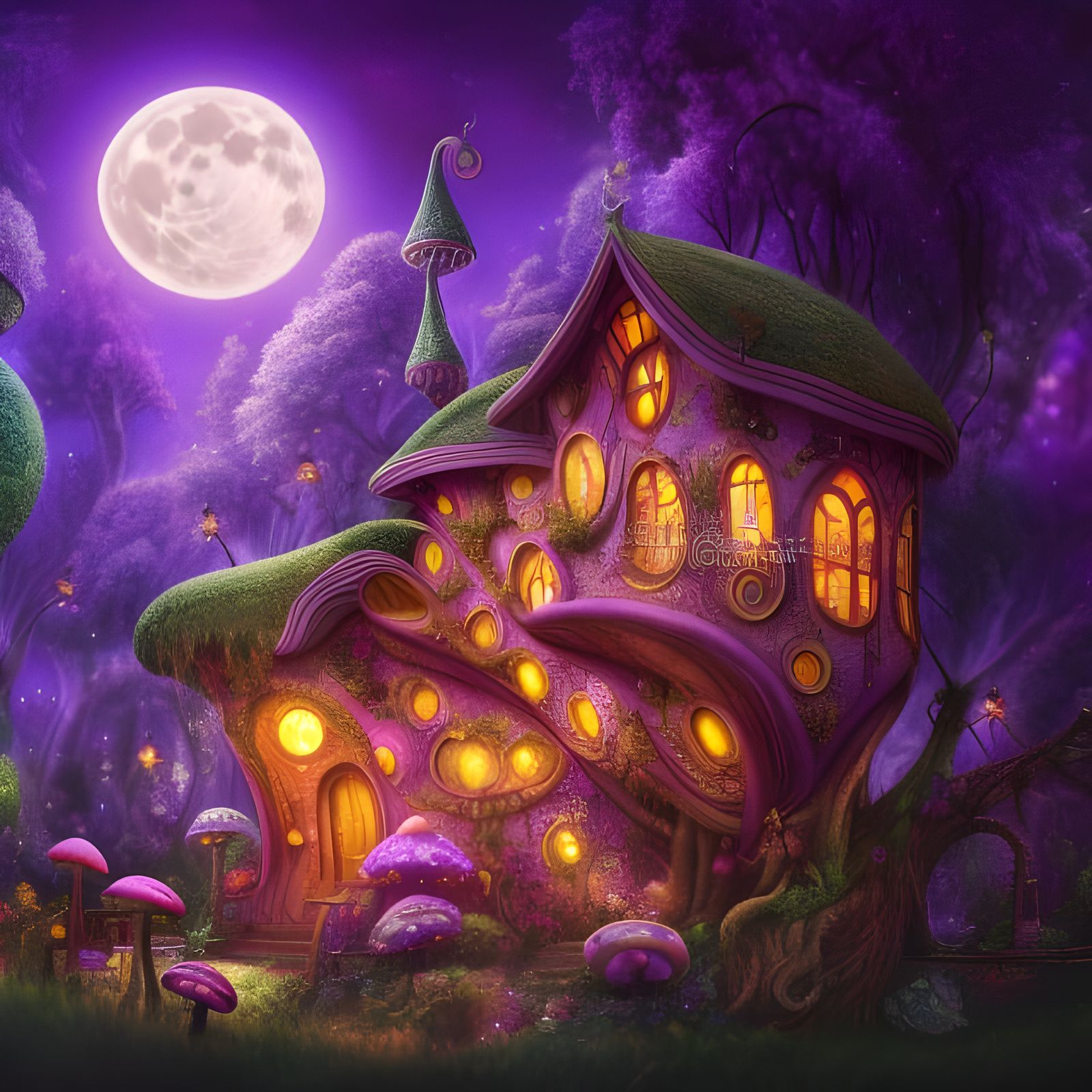 Whimsical Purple Mushroom House in Enchanted Forest